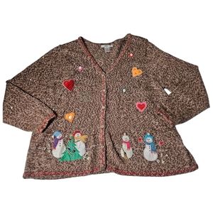 Vintage Embroidered Snowman Sweater Cardigan Womens Size 2X Beads Grannycore